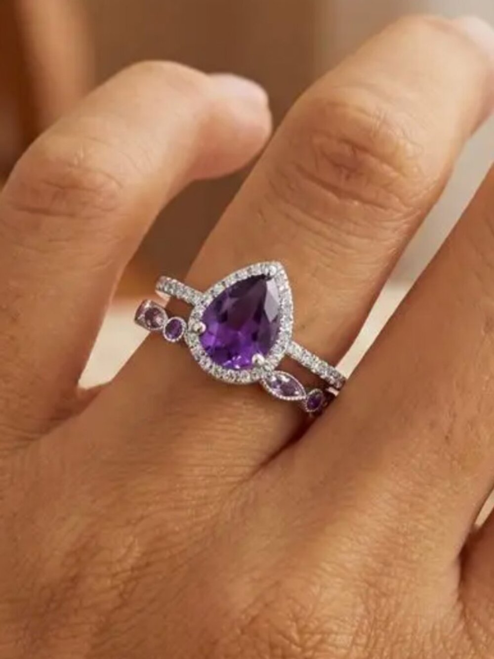 18k White Gold Diamond Ring Pear Cut Ring Amethyst Ring Set of 2 Rings